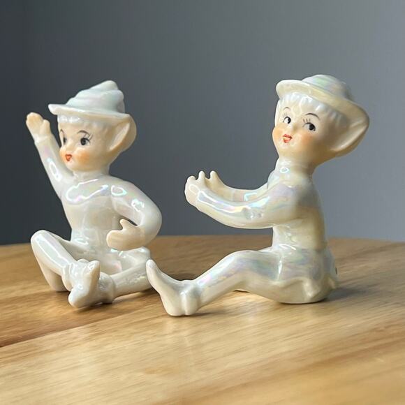 Vintage LEFTON Iridescent Lusterware Porcelain Elf Pixie Candle Hugger Set of 2 - Picture 6 of 10